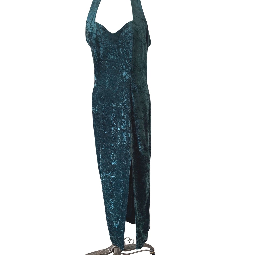 Vintage All That Jazz Emerald Green Crushed Velvet Halter Maxi Dress Large